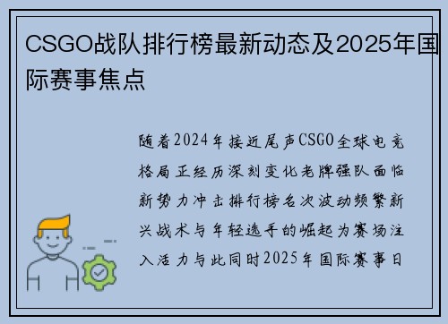 CSGO战队排行榜最新动态及2025年国际赛事焦点